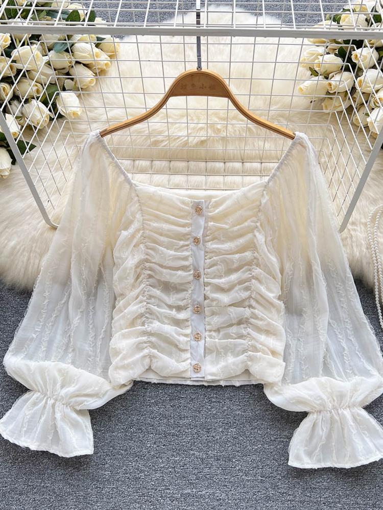 

Women's Blouses YuooMuoo French Romantic Lace Tops Elegant Flare Sleeve Transparent Women Blouse Shirts Y2K Fashion Ladies, Beige