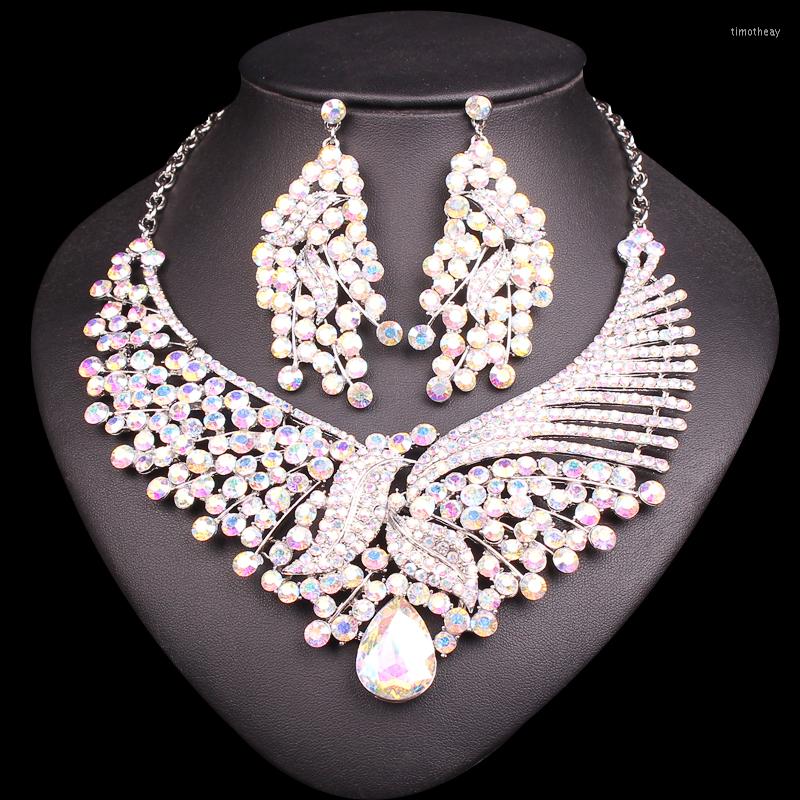 

Necklace Earrings Set Fashion Bridal White AB Crystal Statement Sets Wedding Costume Jewellery Drop, Picture shown