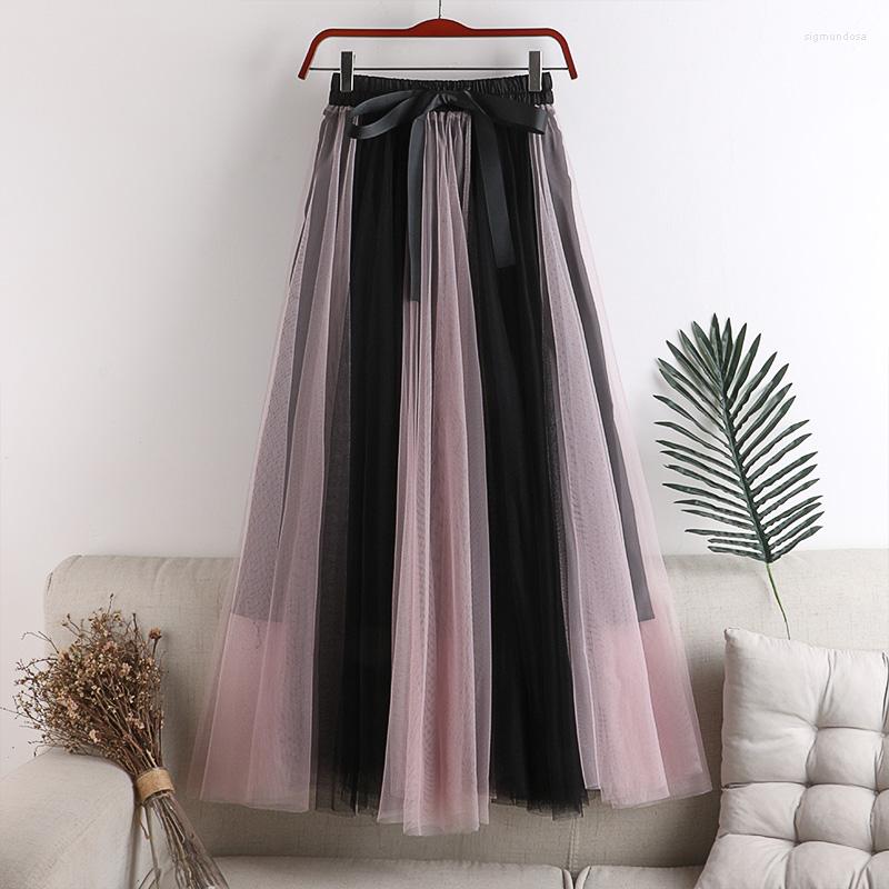 

Skirts Autumn Spring High Waist Skirt Women A-line Large Pendulum Contrast Color Poached Mesh Elegant Mid Length Puffy, Beige pink