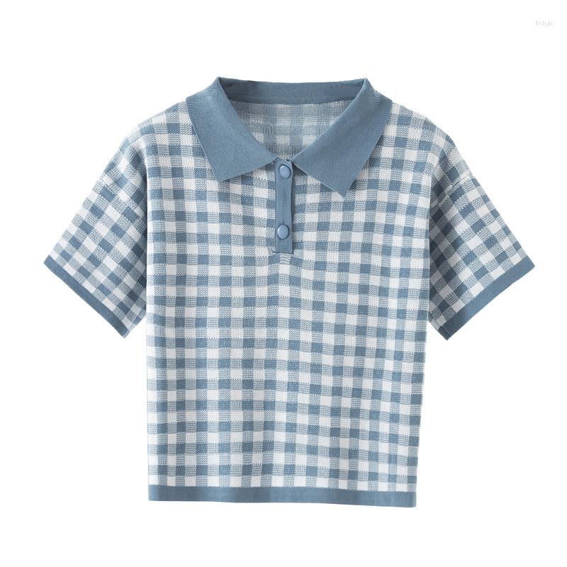 

Women's Polos Female Summer Clothes Loose Collared High Waist Tee Korean Polo Neck T-shirts Women Short Sleeve Plaid Crop Tops Knitted, Blue