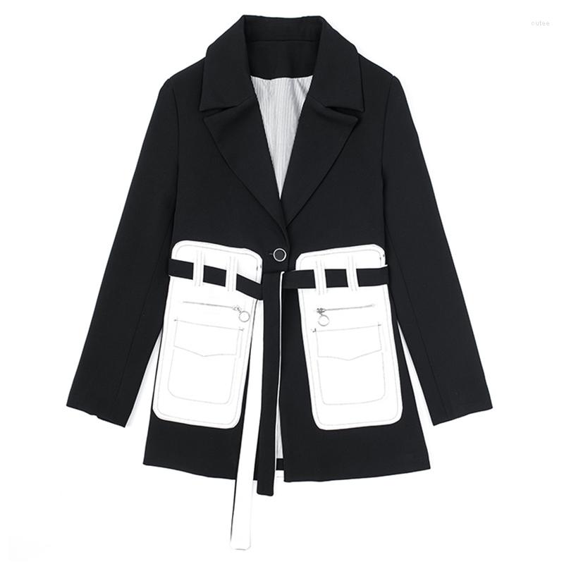 

Women' Suits 2022 Fashion Women Black Jackets White Pocket Split Temperament Lapel Blazer Bandage Long Sleeve Loose Fit Jacket Autumn