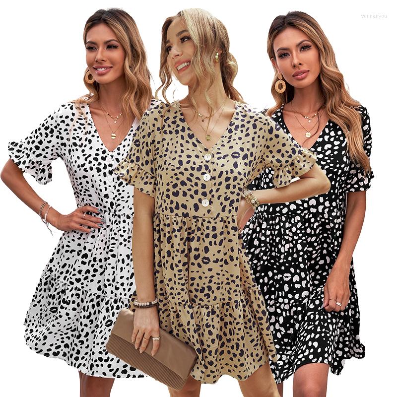 

Party Dresses Stylish Summer V Neck Short Sleeve Dress With Buttons Ruffle Mini For Women, Black