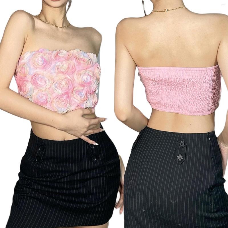 

Women' Tanks Fashion Sexy Navel Tube Tank Tops 3D Flower Design Strapless Colorful Wild Summer Women Ladies Stylish Pleated Vest, Pink