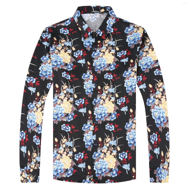 

Men's Casual Shirts Male Fashion Printing Cotton Long Sleeve Men Floral Dress, Black