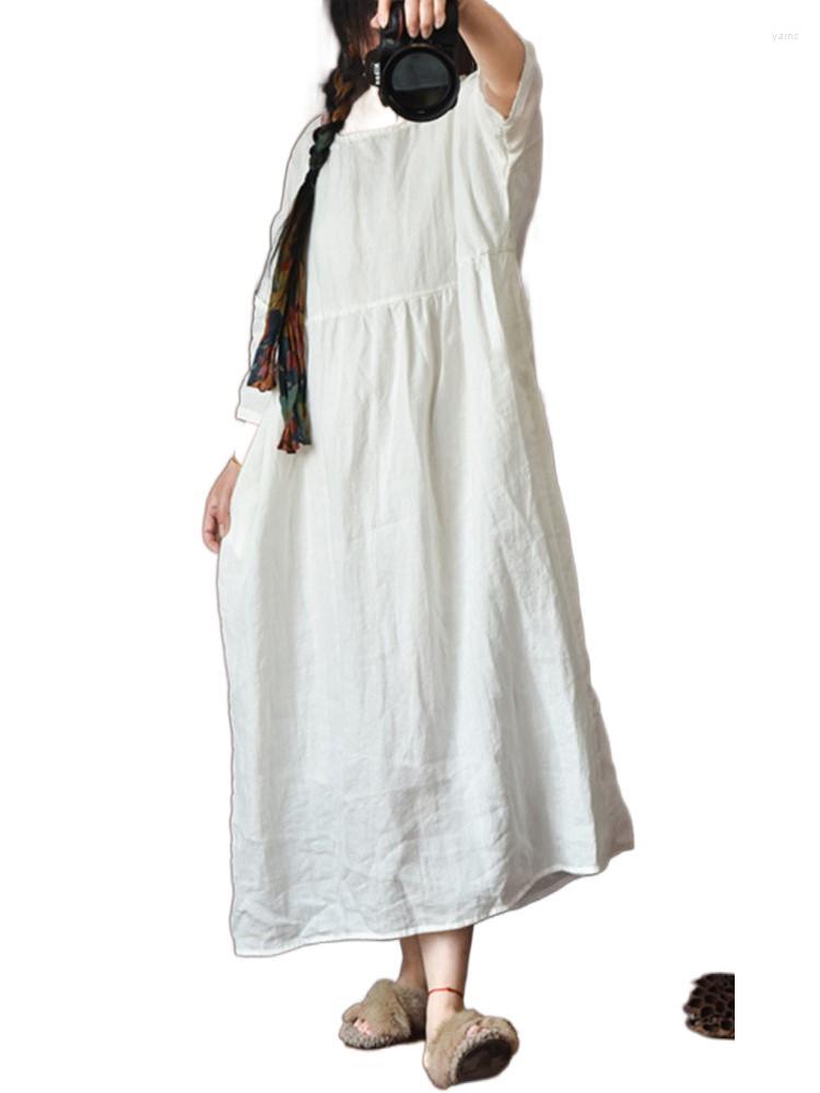 

Casual Dresses QPFJQD Female Retro Ramie Robes O-Neck Seven Sleeve 2023 Summer Women Loose High Waist Dress Solid Color, Black