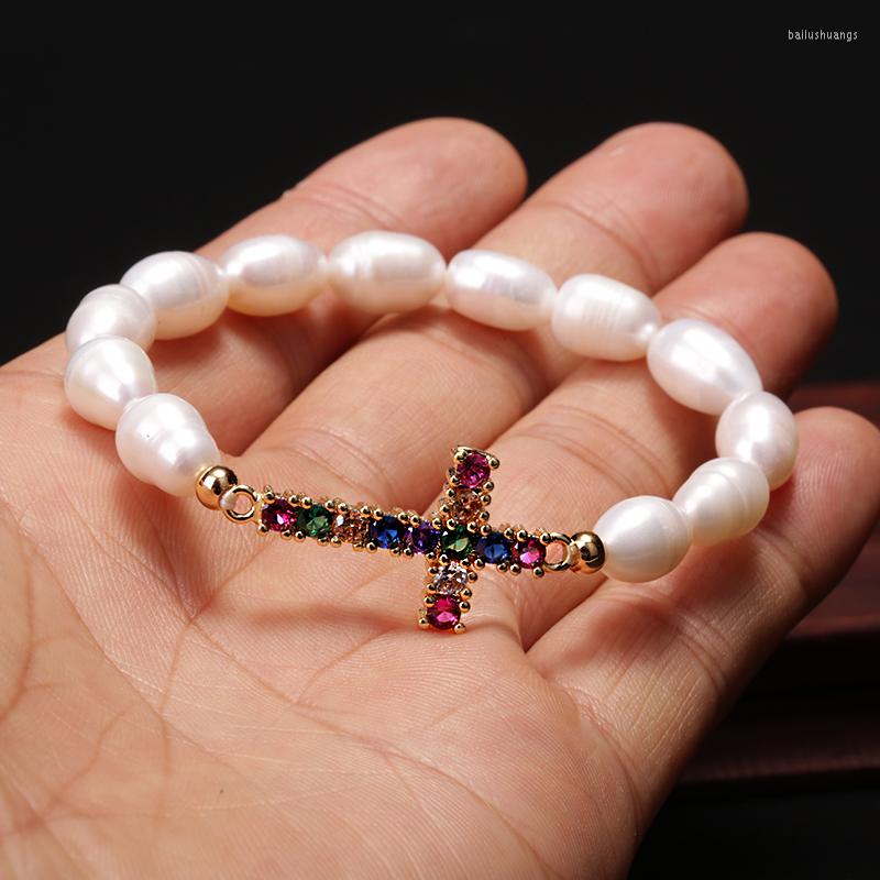 

Charm Bracelets Natural Freshwater Pearl Beads Stretch Jewelry Gold Rainbow CZ Cross For Girl/Women Couple Bracelet Her Birthday Gift 2022