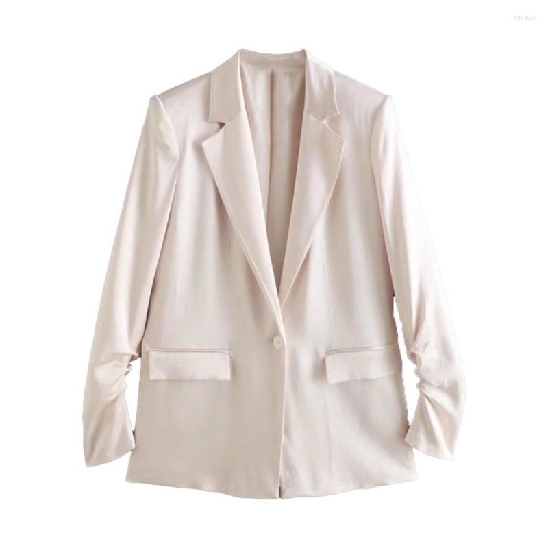 

Women's Suits Female Clothing Fashion Silk Satin Blazer Single Button Patch Pocket Coat Vintage Long Sleeve Jackets For Women 2022, White