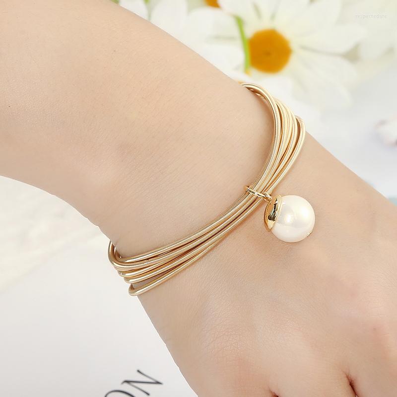 

Bangle Fashion Jewelry Women's Holiday Gift Spherical Pearl Accessories Gold Elastic Ring Combination Charm Spring Bracelet