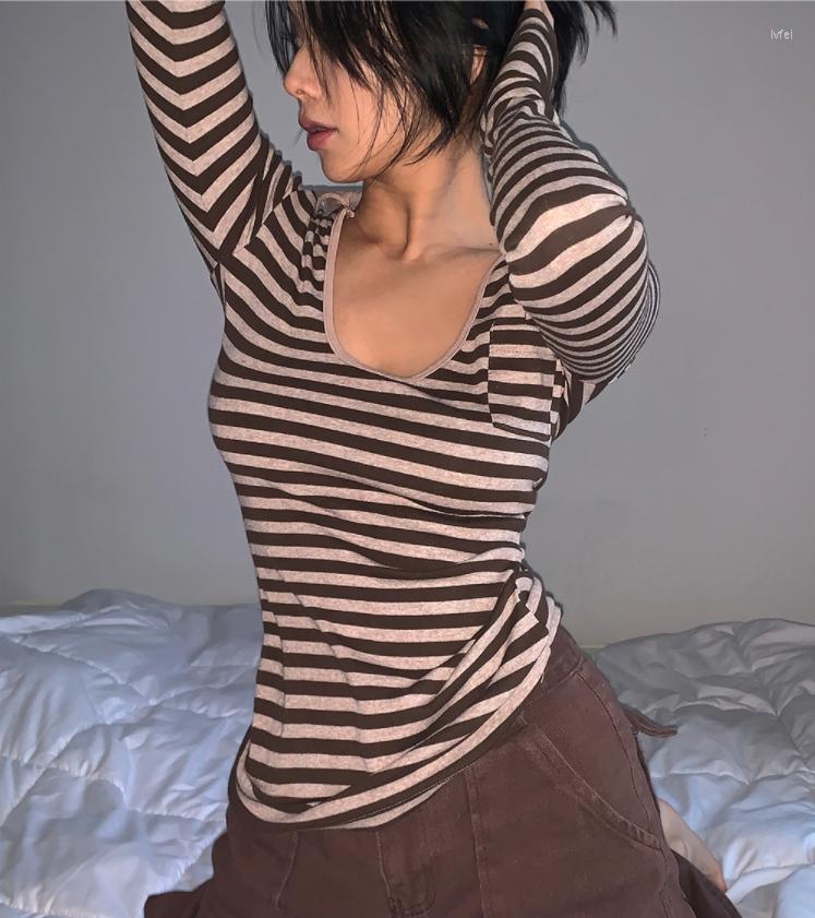

Women's T Shirts Grunge T-shirt Harajuku Vintage Striped Tops Korean Fashion Tee Shirt Sexy V-neck Long Sleeve Gothic Clothes Punk Style, As photo