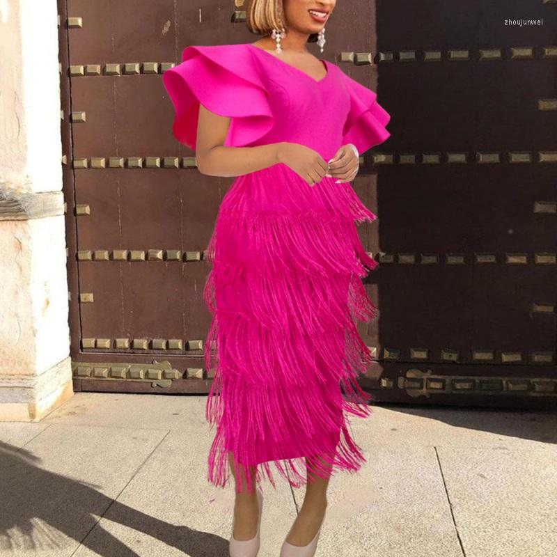 

Party Dresses Dashiki African Boho Solid Color Dress Slim Spring Autumn Sexy Cut Out Tassel Women Africa Office Midi Vestidos, Rose red