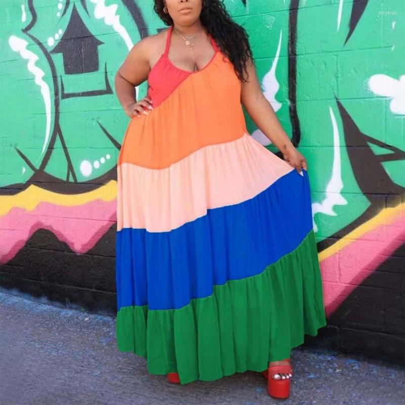 

Plus Size Dresses Dress Spaghetti Strap Color Block Sleeveless Backless Loose Fashion High Street Wear Long Vestidos Mujer Large, Blue dress