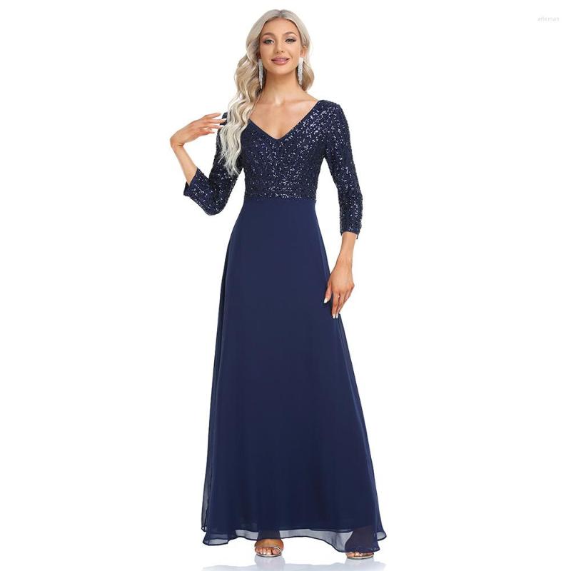 

Casual Dresses Women Autumn Elegant Sequins Chiffon A Line Maxi Dress Sexy V Neck Birthday Party Prom Bridesmaid Vestidos, Navy blue