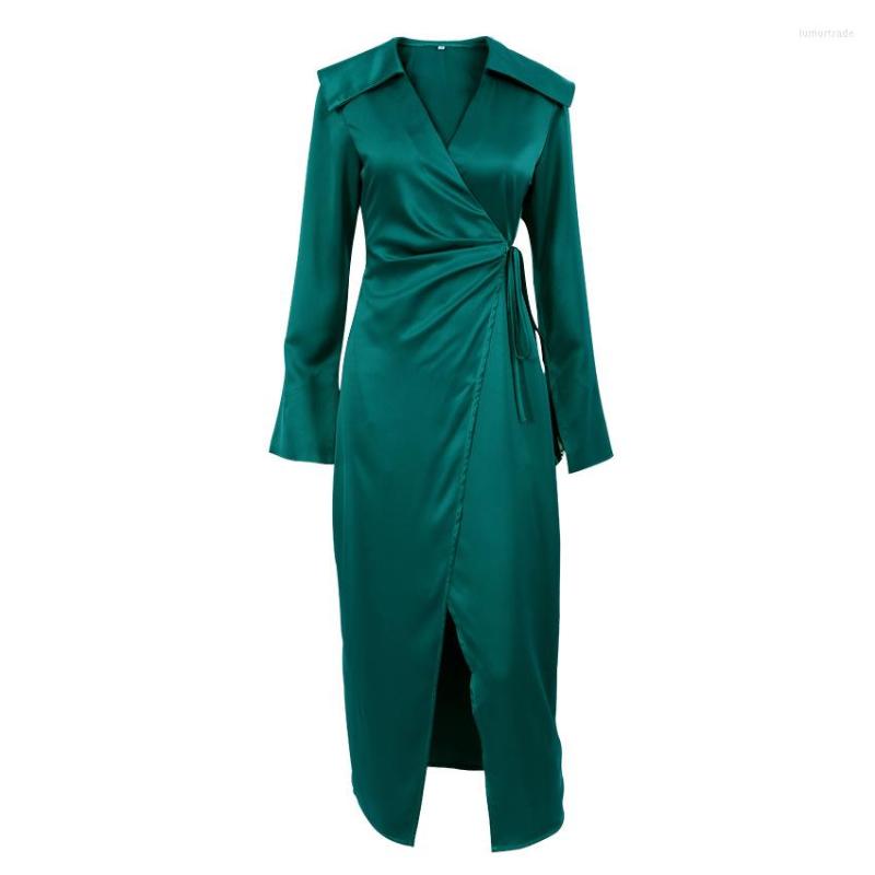 

Casual Dresses 2022 Spring And Autumn Suit Collar Thin Split Fork Green Temperament Dress