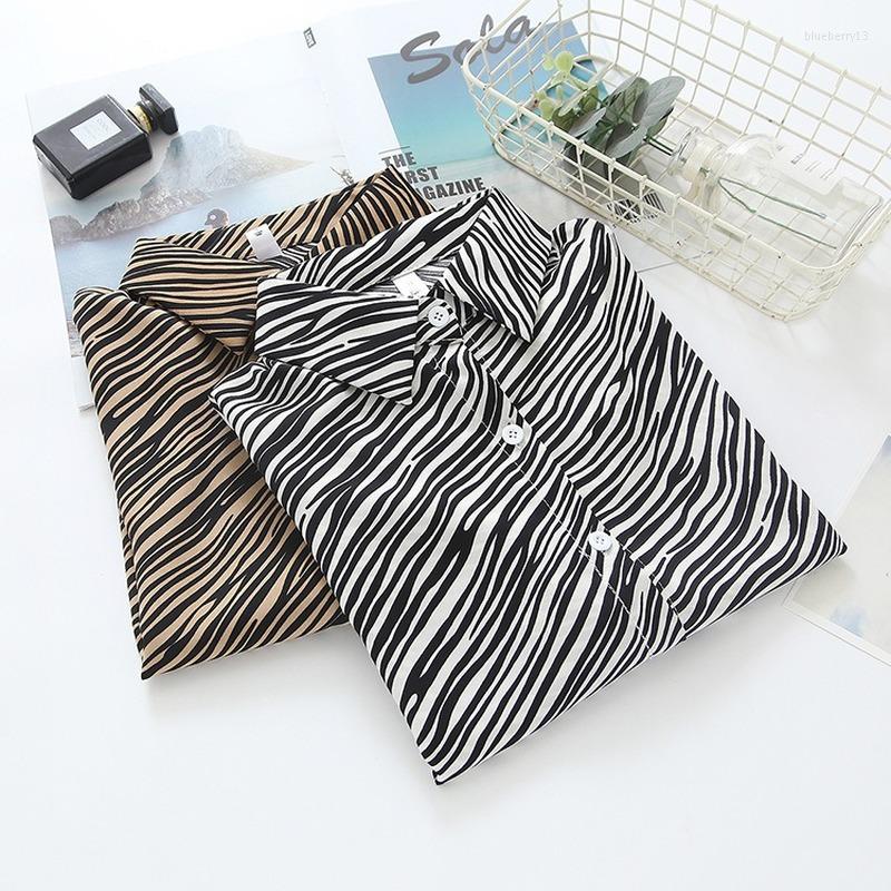 

Women' Blouses 2022 Spring Fall Long Sleeve Leopard Print Stripe Shirt Women Casual Button Up Lapel Office Ladies Tops Blusas Mujer, White