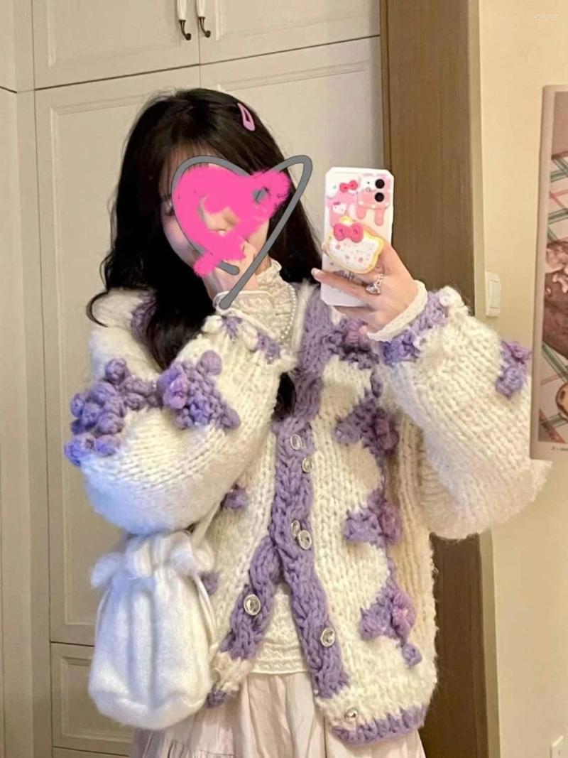 

Women' Knits Heavy Industry Crochet Thickened Sweater Coat Women' V-neck Plaid Contrast Color Knitted Cardigan Female Sweaters Short, Purple