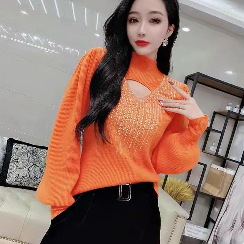 

Women's T Shirts Heavy Embroidery Drilling Hollow Sweater Women's 2022 Winter Lantern Sleeve High Collar Temperament Bottoming, Blue