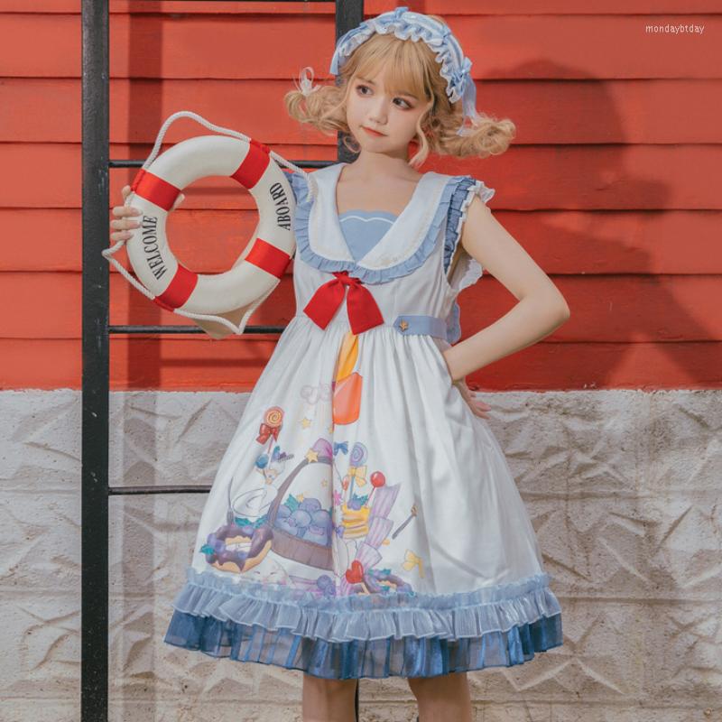 

Casual Dresses Blueberry 2022 Summer JSK Cute Daily Sling Dress Chiffon Sailor Collar Sleeve Sweet Style Women Clothing, Blue