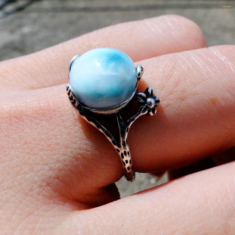 

Cluster Rings Antique Designs Round 10mm Natural Larimar Flower Ring 925 Sterling Silver Engagement Wedding For Gift