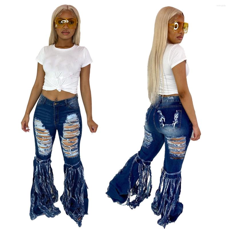 

Women's Jeans Women Flare Pants Vintage Ripped Sexy Hollow Out Skinny Distressed Fashion Tassel Denim Bell-Bottoms Trousers, Dark blue