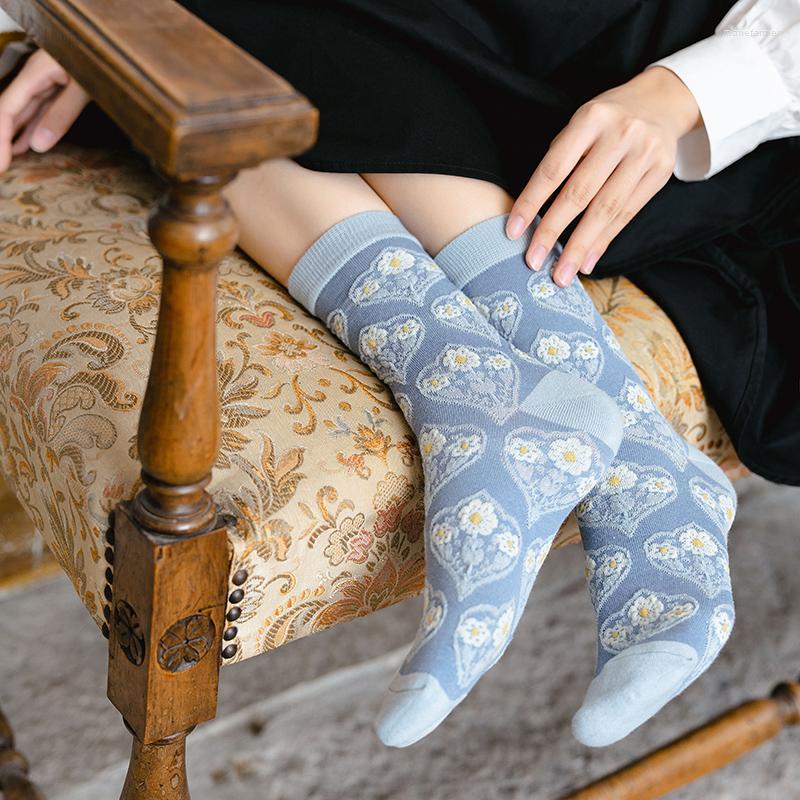 

Women Socks Harajuku Streetwear Blue Floral Embroidery Japan Style Ethnic Kawaii Cute Woman Korean Fashion Girls Long Sock, 1 pair random send