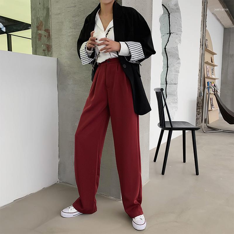 

Women' Pants Casual Solid Women Straight Korean Female Button High Waist Trousers Vintage Mujer Regular Pockets Pleated Pantalones, Hong