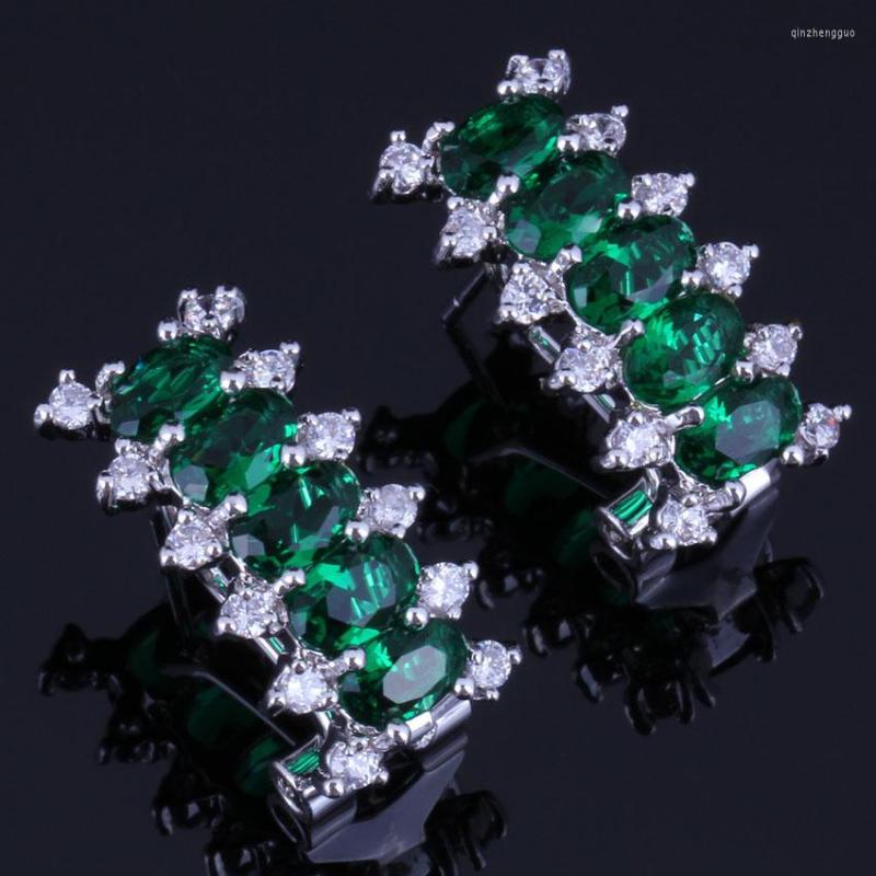 

Backs Earrings Prominent Rectangle Green Cubic Zirconia White CZ Silver Plated Clip Hoop Huggie V0916