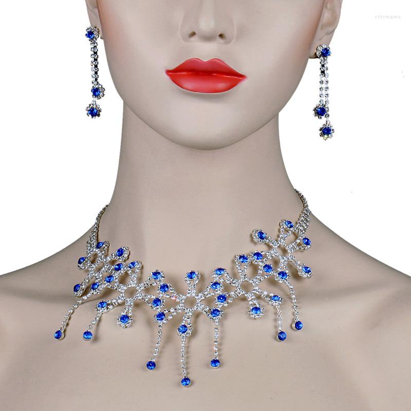 

Necklace Earrings Set Chran Exquisite Blue Crystal Flower Designs For Women Shining Rhinestone Bridal Wedding, Picture shown