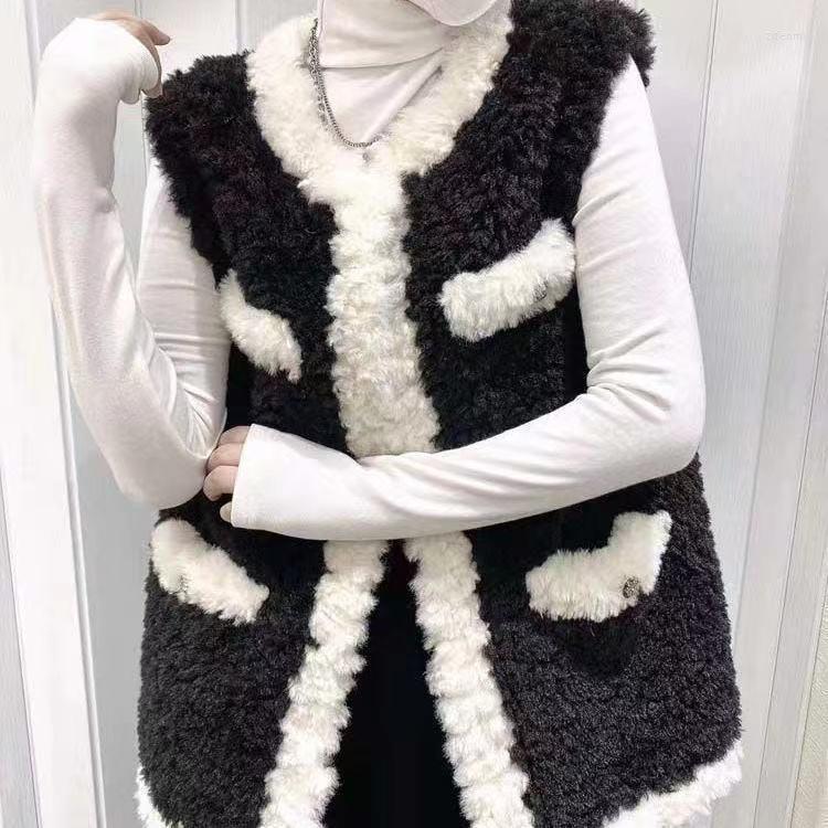 

Women's Vests Women Chic Contrast Color Lambswool Vest Winter Thickened Hair Waistcoat Fleece Sleeveless Jacket Furry Tanks Crop Tops, Black