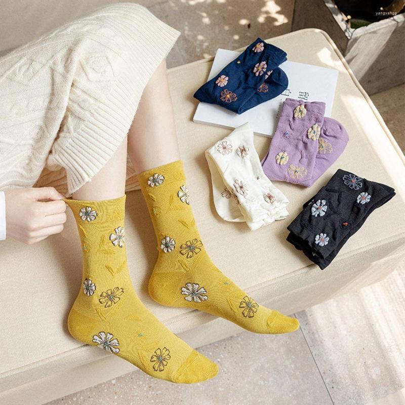 

Women Socks Autumn Winter Cute Flowers Women's Harajuku Retro National Style Small Floral Stockings Lolita Cotton For Girl, B purple