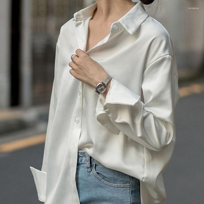 

Women' Blouses Fashion Clothing Female 2022 Long Sleeve Shirts Blouse Satin Loose White V-Neck Spliced Chiffon Solid Buttoned Tops Grey, Gray