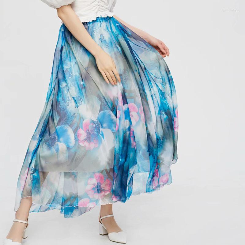 

Skirts 2022 Summer Bohemian Boho Chiffon Print Floral Pleated Women Patchwork A-line Beach Vacation Skirt Female Blue Faldas, Beige