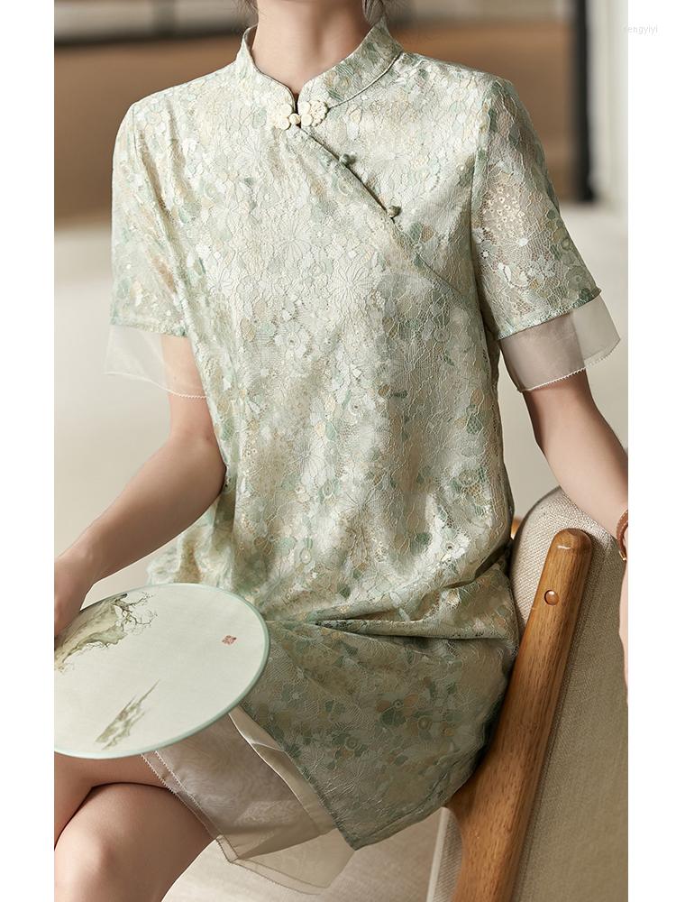 

Casual Dresses Vimly Improved Cheongsam Dress For Women 2022 Summer A-line Elegant Organza Lace Chic Unique Midi V6039, Light green