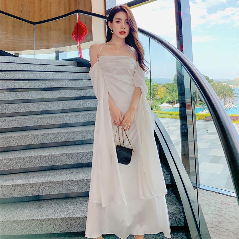 

Casual Dresses 2022 Sexy Flat Dress Collar Strap Backless Satin Slim Fit Hip Wrap Long Sleeve Light, Ivory