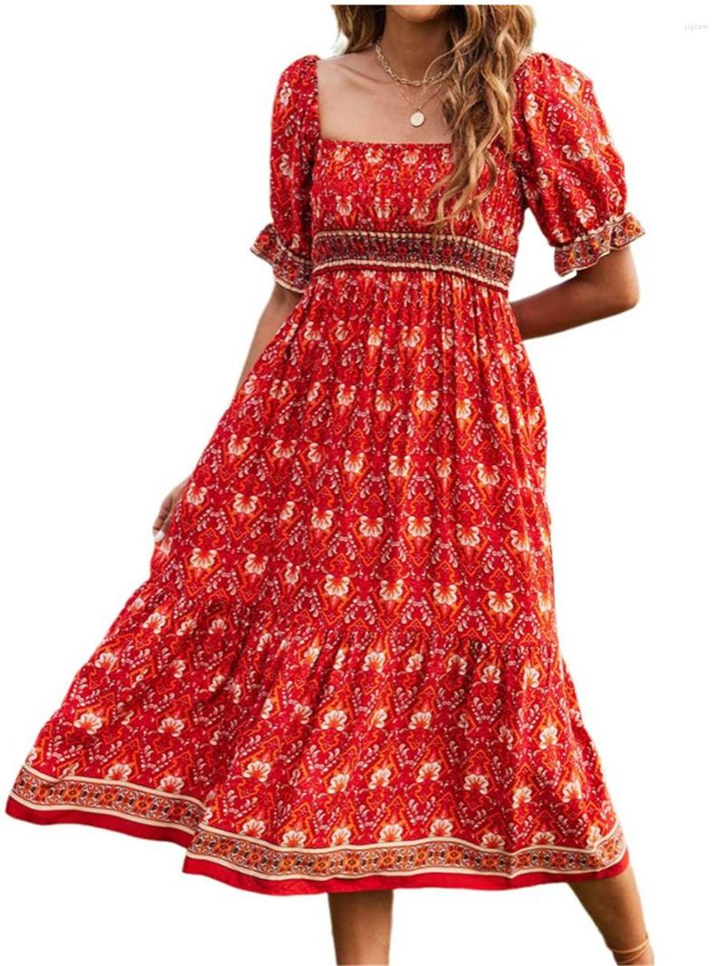 

Party Dresses Women Bohemian Midi Dress Short Sleeve Pleated Chest Floral Boho Ladies Summer, Style b