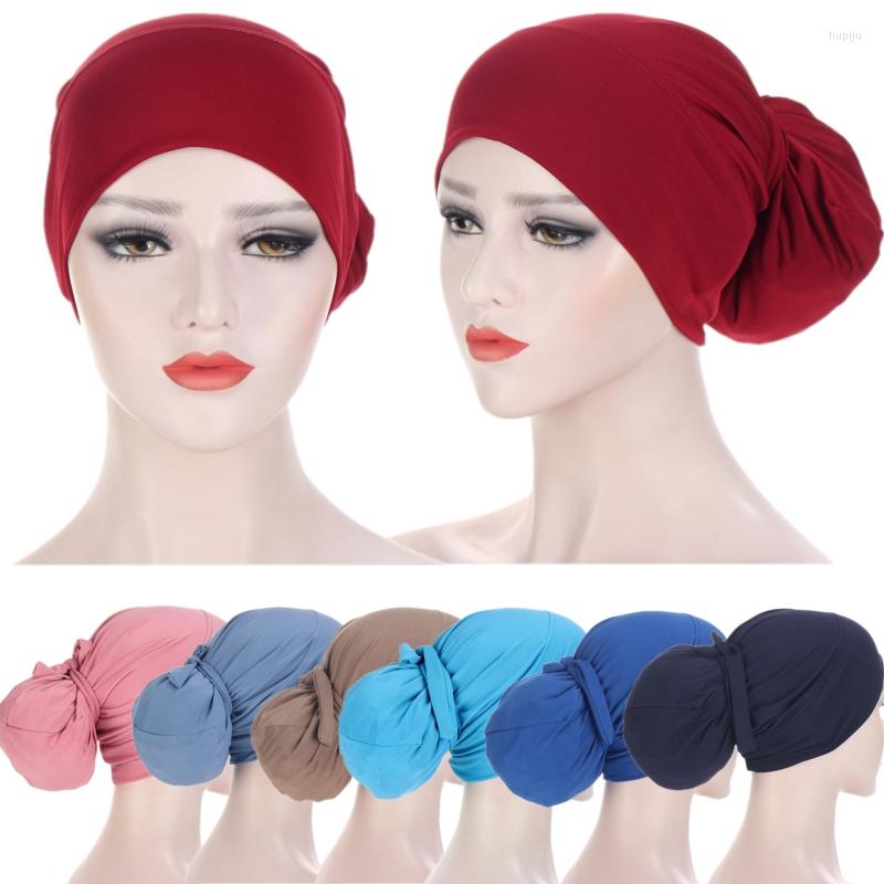 

Ethnic Clothing India Muslim Women Hijab Hat Cancer Chemo Cap Pure Color Lace Up Turban Headscarf Islamic Head Wrap Lady Inner Bonnet