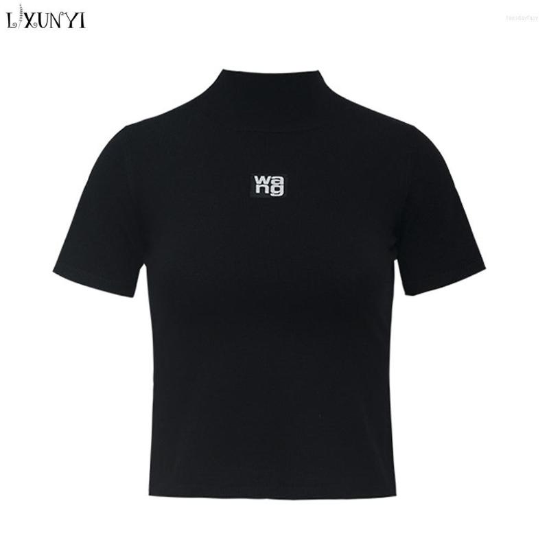 

Women' T Shirts Women European Casual Letter Print T-shirts Short Sleeve Stand Collar Solid Slim Stretch Cotton Knitted Tee Street High, Black