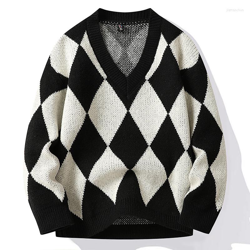 

Men's Sweaters 2022 Men's Winter Diamond Lattice Handsome Casual V-neck Thickening Sweater, Black