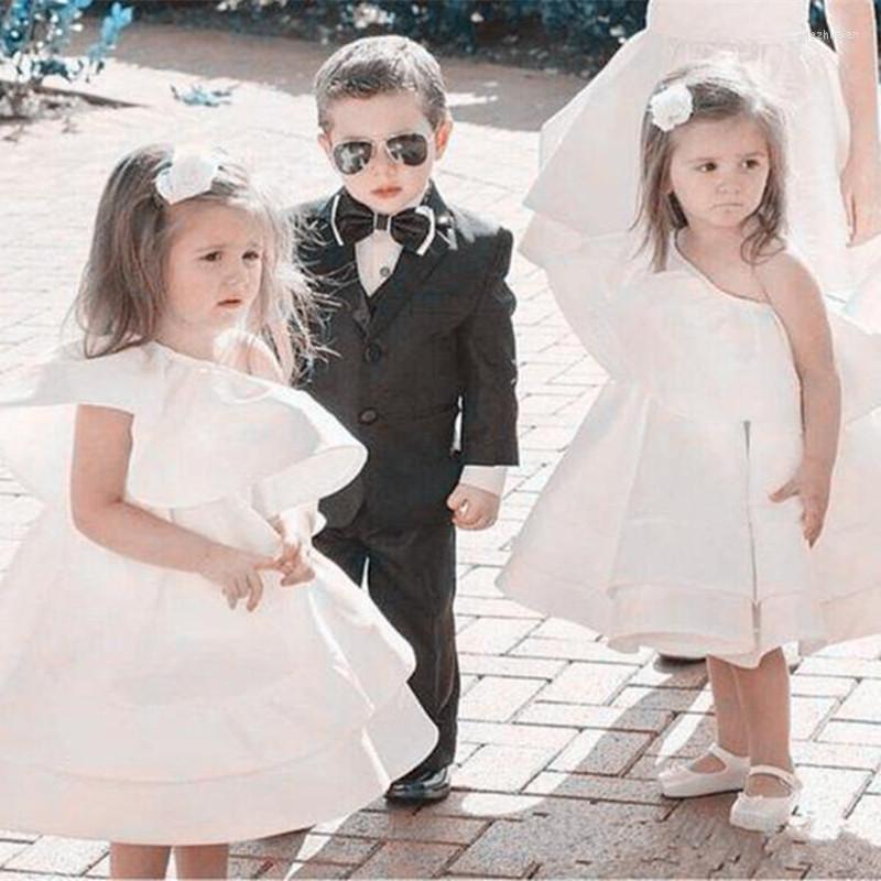 

Girl Dresses Formal Short Flower Girls Dress For Weddings One Shoulder Tea Length Kids First Communion Pageant Gowns Satin Lovely Vestidos, Gold