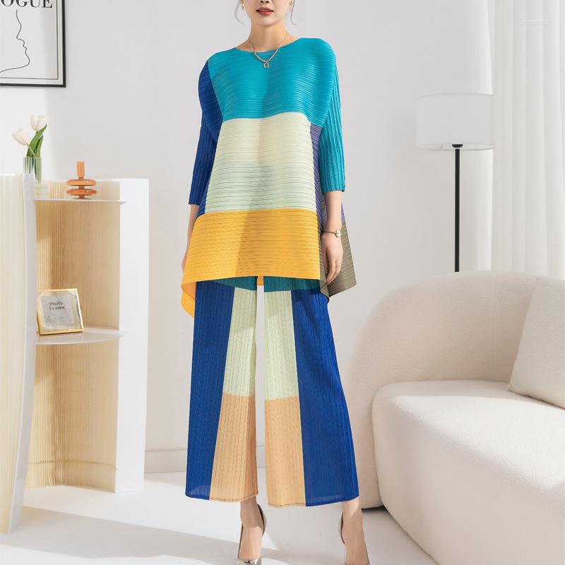 

Women's T Shirts Pleated Fashion Suit Women's Spring And Autumn Color Matching Round Neck Loose Top High Waist Wide Leg Straight, Picture color