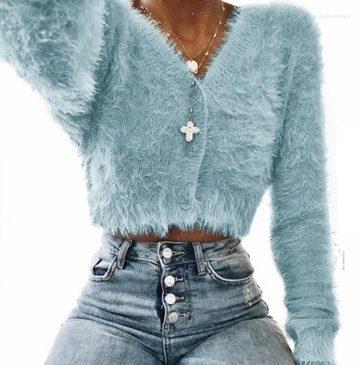 

Women's Knits Women Furry Casual Sweater Crop Top Elegant Ladies Solid Color Sweaters Fashion V-Neck Long Sleeve, Gray