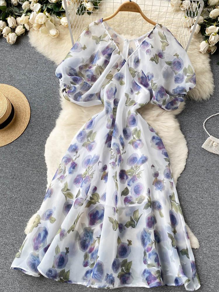 

Party Dresses FTLZZ Summer Elegant Women V-neck Puff Sleeve Empire Slim Dress Casual Female Ruffled Mermaid Beach Floral Print, White