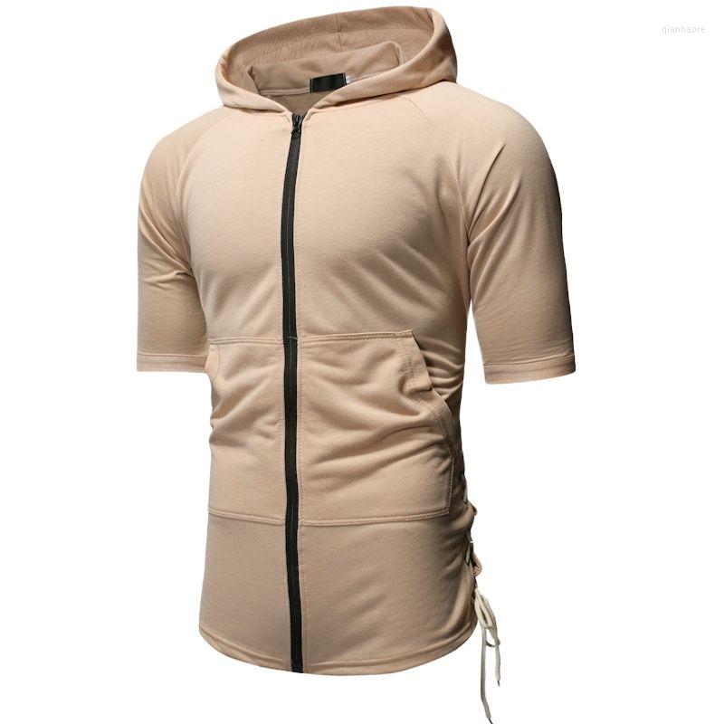 

Men' T Shirts Men Short Sleeve Hooded Shirt Sides Drawstring Lacing Up Punk Hip Hop Tee Man Vintage Slim Fit Zipper Tshirt Streetwear, Black