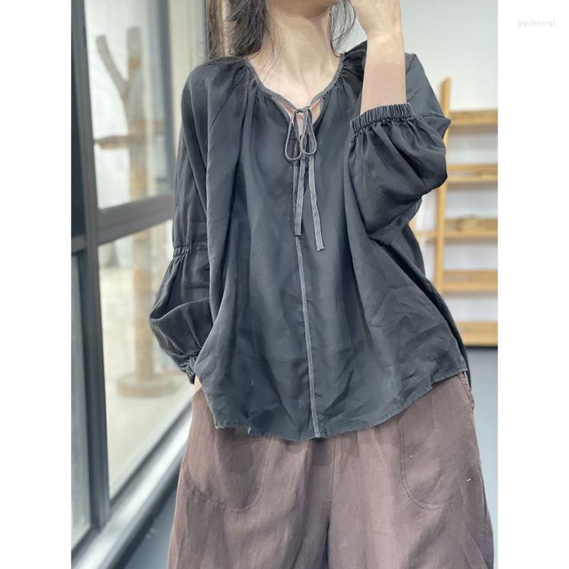 

Women's Blouses 2022 Arrival Spring/autumn Arts Style Women Loose Long Sleeve O-neck Blouse Lantern Cotton Linen Casual Shirts P237, Green