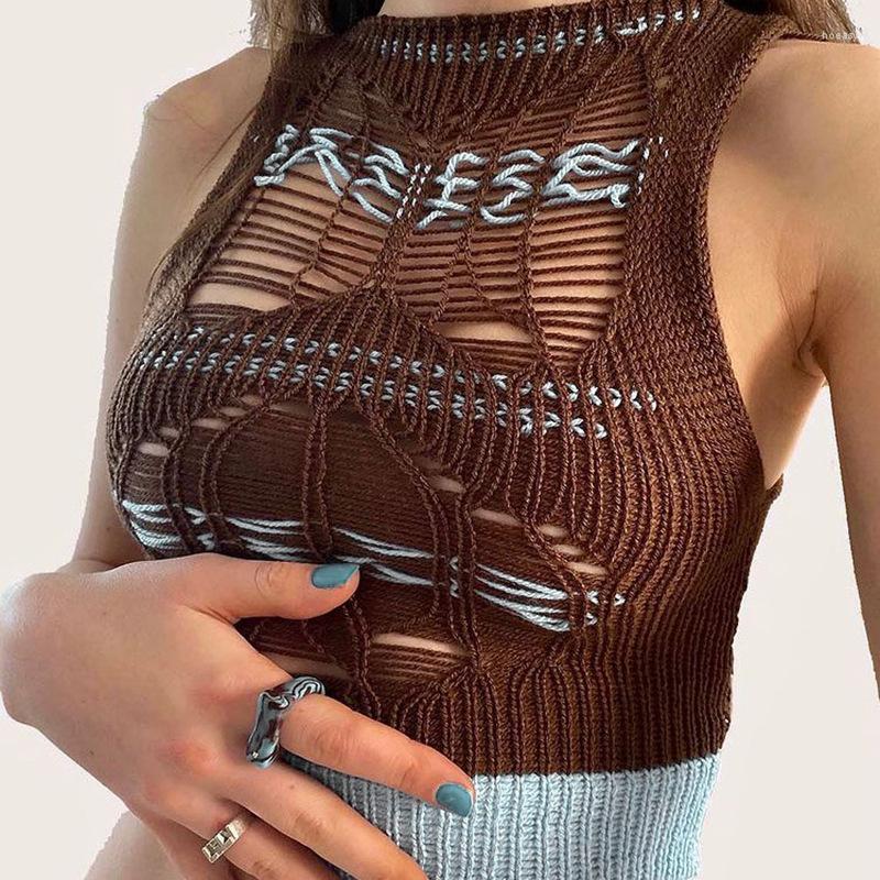 

Women' Tanks Women Fashion Contrast Color Knitted Vest Crop Top Sexy Hollow Round Neck Exposed Navel Sleeveless Tank Tops Summer, Green