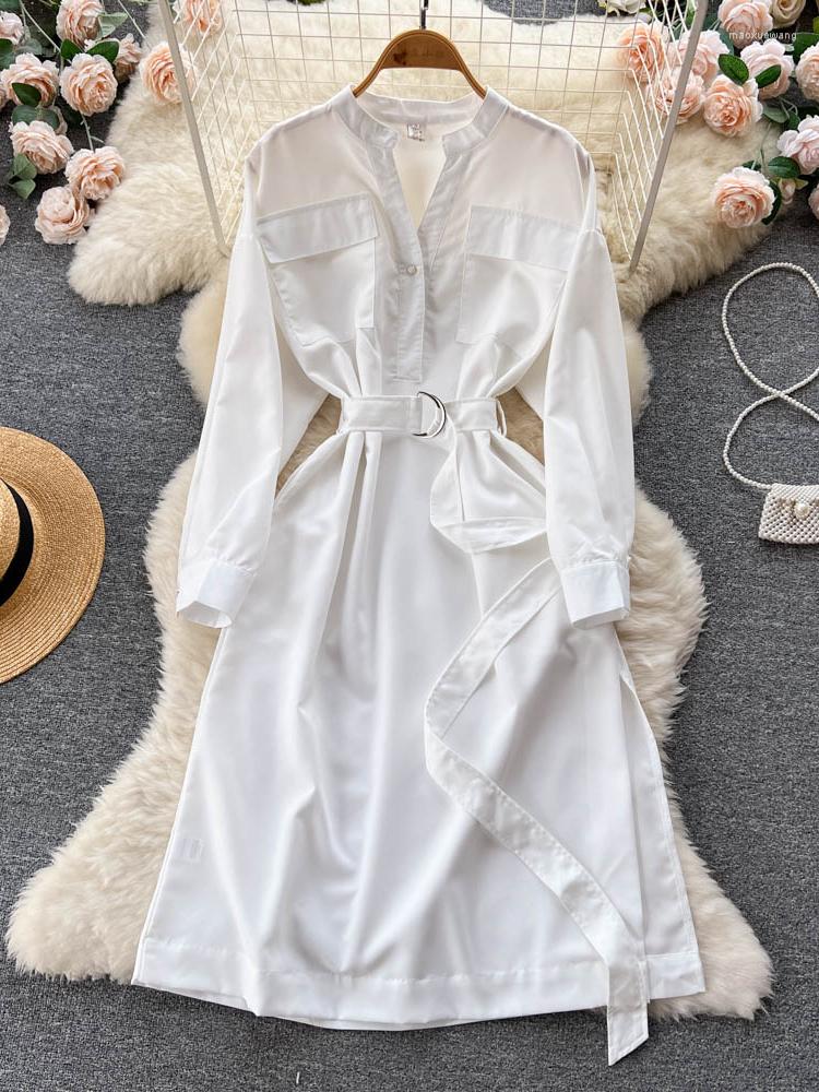 

Casual Dresses Aibeautyer Vintage Spring Autumn Solid Slim Full Lady Dress A Line Chiffon Pullover High Waist O Neck Women, White