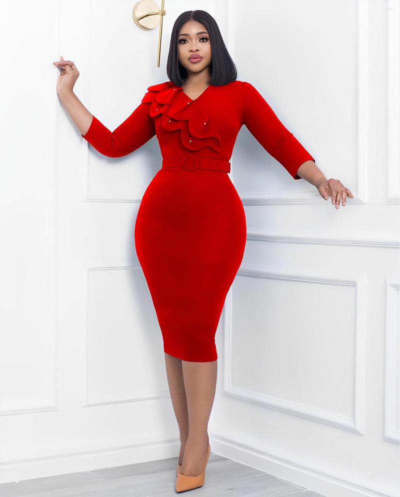 

Casual Dresses Autumn And Winter Fashion Dress Women' Solid V-Neck Long Sleeve Pencil Elegant Commuter Fitted, Yellow