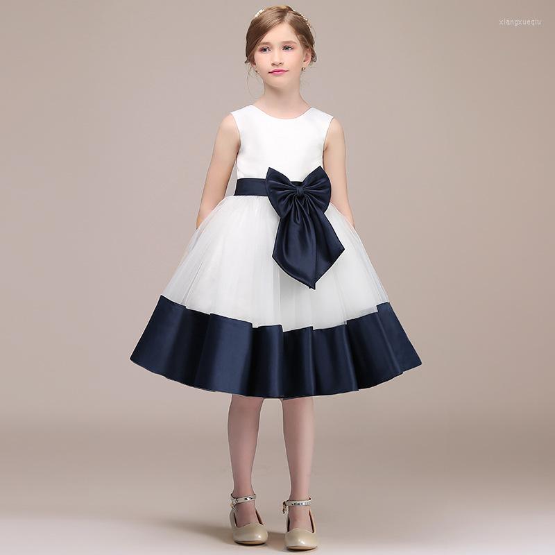 

Girl Dresses Blue White Formal Party Dress For Kids Short Knee Length Communion Princess Gowns Flower Wedding Birthday, Picture shown