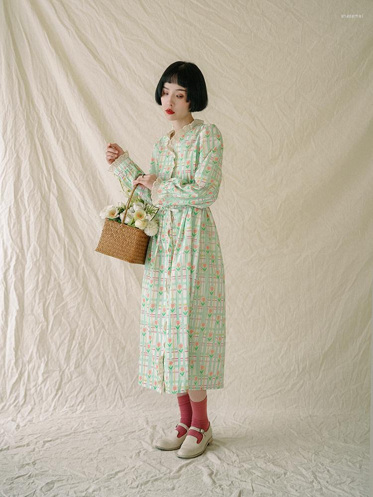 

Casual Dresses Green Plaid Ruffle Lantern Sleeve Tulip Small Dress V-neck Floral Long A-line Skirt Autumn, Checkered flower
