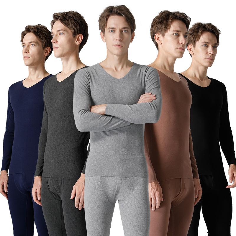 

Men's Thermal Underwear Autumn And Winter Velvet Suit Seamless V-neck Frosted Warm Long Trousers Top Very, Black