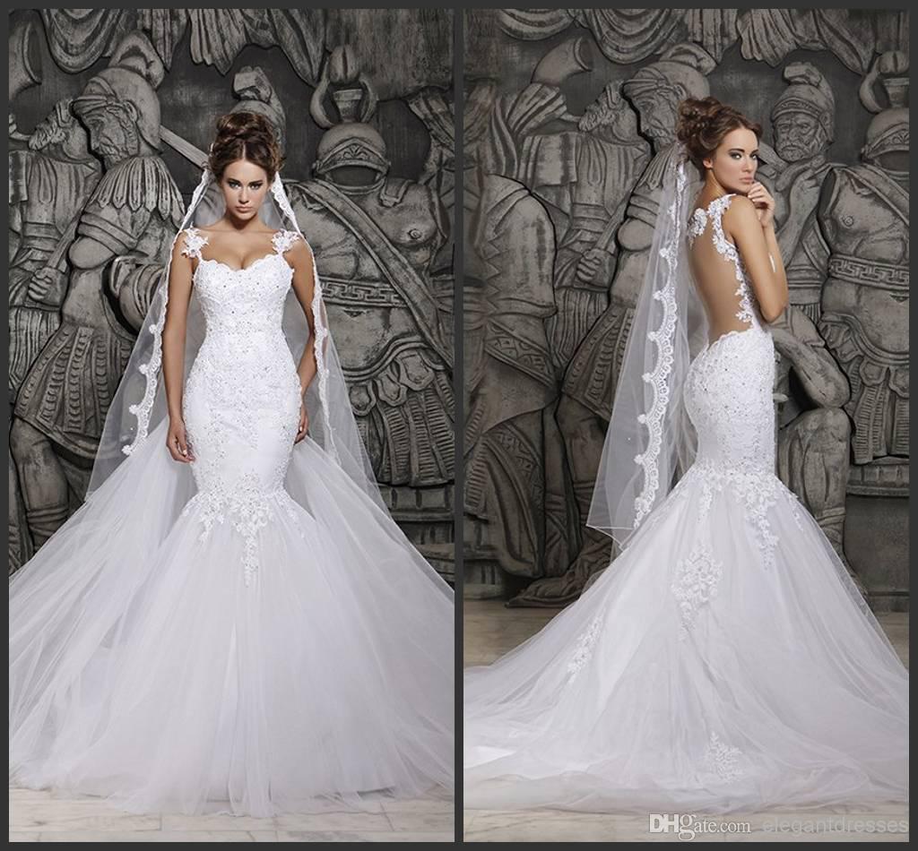 

Custom Made Beautiful Court Train Illusion Transparent Back Beaded Lace Mermaid Spring Wedding Dresses Bridal Gowns, Gray